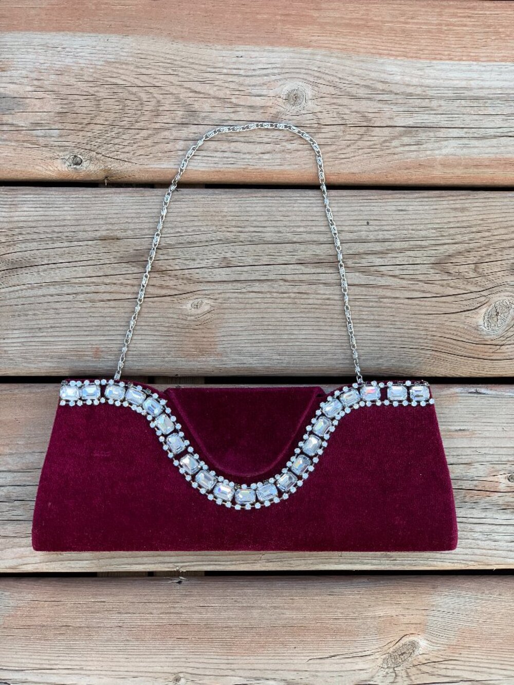 Vtg Burgundy Velvet Rhinestone Clutch Shoulder Bag Handbag Gala Evening Purse